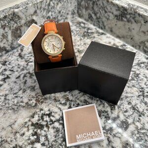 Michael Kors MK2279 Parker Watch Orange Leather Crystal Bezel Champagne Dial